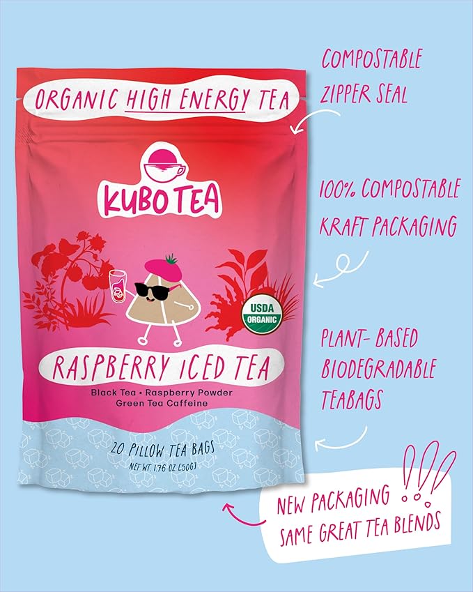 High Caffeine Iced Tea (155 mg) - Kubo Tea: Organic Raspberry Black Tea Bags for Clean Energy & Focus | Healthy Coffee Substitute | High Energy Iced Blend | 20 Ct | Compostable Packaging