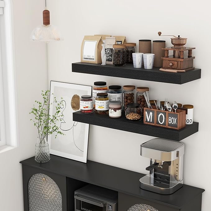 Deep Floating Shelves | 36 Inch Black Floating Shelves Set of 2 | 12 Inch Deep Rustic Wood Shelves for Wall | 36" W x 12" D Black Shelves for Living Room Bathroom Laundry Room Kitchen