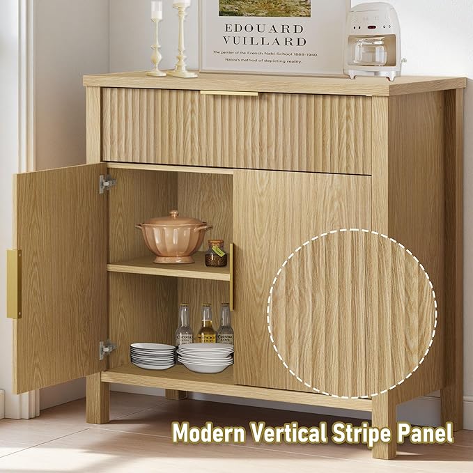 Fluted Buffet Cabinet with Drawers,32'' Sideboard Storage Cupboard Adjustable Shelves for Dinning Room, Kitchen, Living Room,Coffee Bar (32''-Wood)