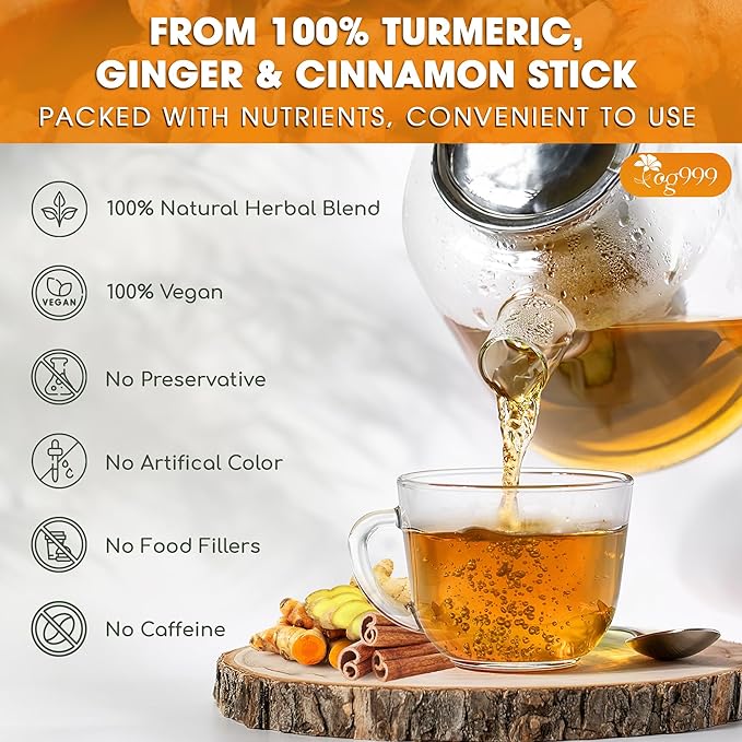 TOG999, Premium 12oz Ginger Turmeric Cinnamon Loose Leaf Herbal Tea. Improve Digestion, Support Brain, Weight, Skin and Sleep. Premium Quality Spiced Blend. No Sugar, No Caffeine, No Gluten, Vegan.