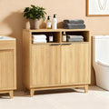 Fluted Cabinet with Doors, Modern Accent Storage Cabinet with Solid Wood Legs & Open Shelf, Space Saver for Bathroom, Living Room, Kitchen, Nautral