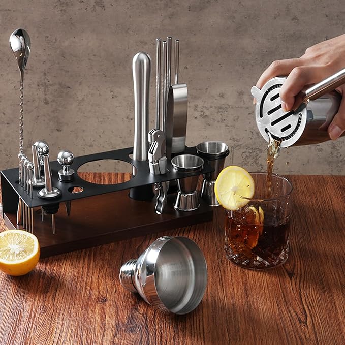 23-Piece Bartender Kit, Cocktail Shaker Set with Stand | Bar Drink Mixer Set with All Essential Bar Tools: Martini Shaker, Jigger, Strainer, Muddler, Pourers, for Home, Bar, Party (Black)