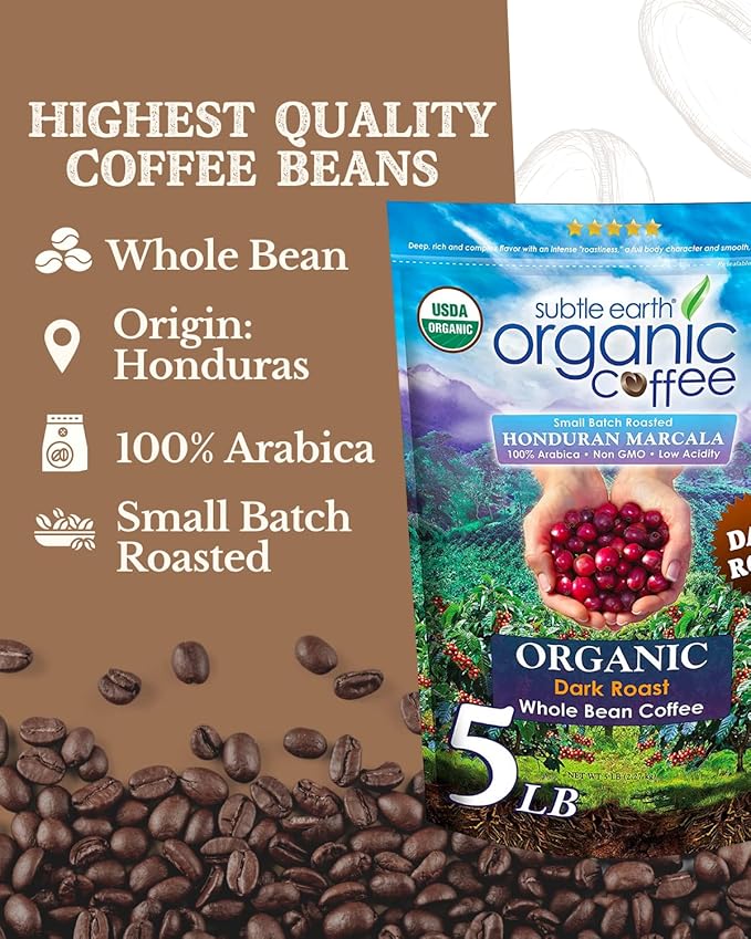 Subtle Earth Organic Coffee - Dark Roast - Whole Bean Coffee - 100% Arabica Beans - Low Acidity and Non-GMO - 5lb bag