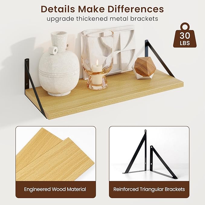 Axeman Deep Floating Shelves for Wall - 24 Inch Wide x 10 Inch Deep Floating Shelves Set of 2 -Oak Wide Wall Shelves for Living Room Bathroom Bedroom