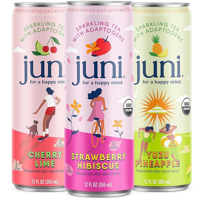 Juni Sparkling Adaptogen Drink with Ashwagandha, Lion's Mane & Reishi Mushrooms, Green Tea for Focus, Zero Sugar, 5 Calories, All Flavors 24-Pack