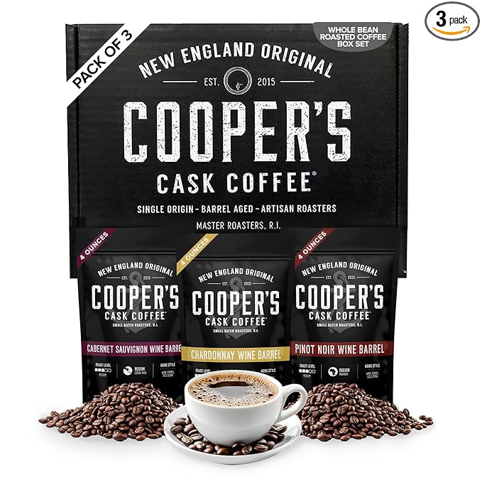 Wine Barrel Aged Coffee Gift Box Set, Sampler Roasted Coffee Costa Rica, Kenya, & Rwanda Beans Aged In Cabernet Sauvignon, Chardonnay, & Pinot Noir Wine Barrels, Medium Roast Whole Bean, 4 oz Bags, 12 oz Total