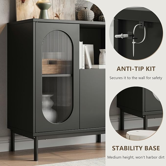 Sideboard Buffet Cabinet with Fluted Glass Doors and Adjustable Shelf, Wood Modern Accent Cabinet with Storage for Kitchen, Entryway, Living Room, Black