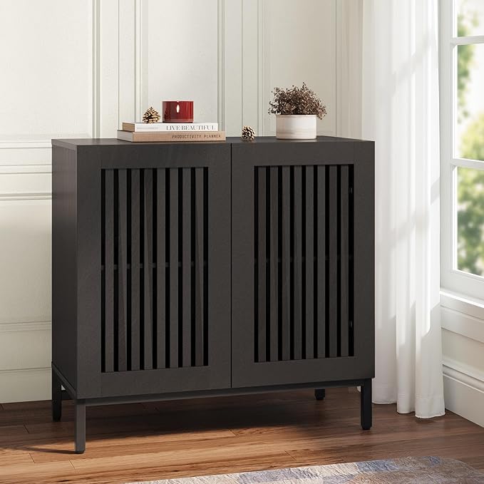 JOMEED Buffet Sideboard Cabinet with Louvered Doors & Adjustable Shelf, Wood Storage Cabinet for Kitchen, Dining Room, Living Room, Entryway Black