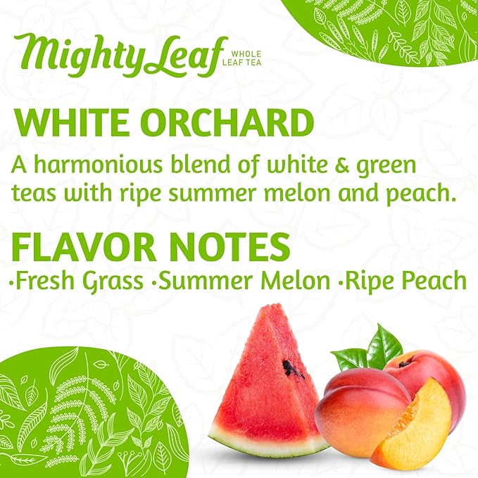 Mighty Leaf White Orchard White Tea – 100 Count Foil-Wrapped Silken Tea Pouches – Delicate Whole Leaf Blend with Tropical Fruit & Melon – Premium White Tea for Hot or Iced Brewing