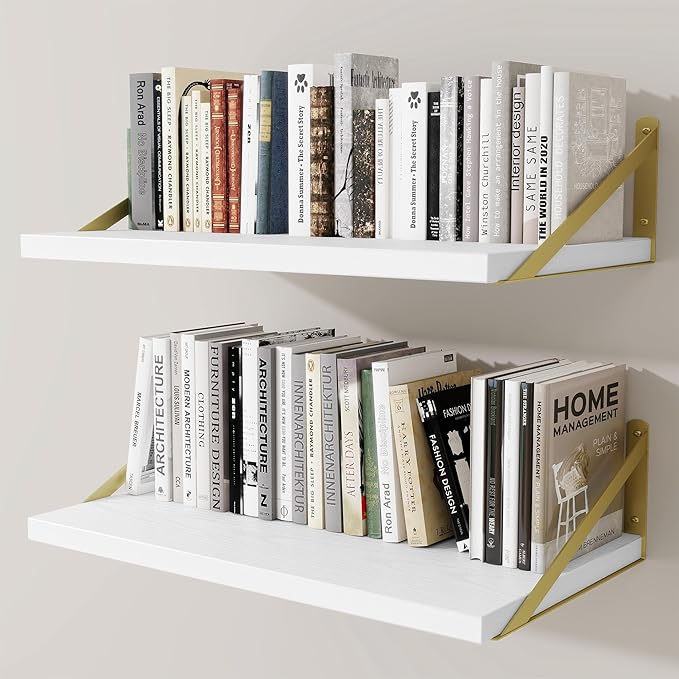 Deep Wall Shelves 24"W x 12"D Engineered Wood Floating Shelves for Wall, Sturdy Metal Bracket(Gold) Bookshelves Home Decor Storage for Living Room Bedroom Bathroom Kitchen, Set of 2, White Finish
