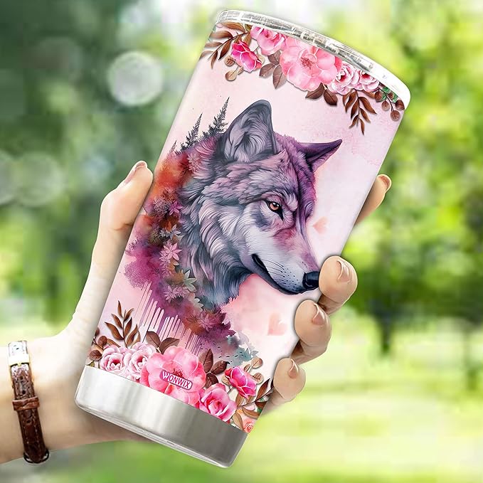 Wolf Tumbler 20oz Cute Animal Gift for Women, Girls Who Freaking Love Wolves Lovers Moon Flowers Perfect Birthday Christmas Valentine Wife Daughter Insulated Stainless Steel Coffee Cup with Lid