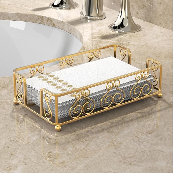 Gold Guest Towel Holder Tray for Bathroom – Napkin Organizer for Disposable Hand Paper Towels, Vanity Countertop Napkin Holder, Modern Bathroom Accessory for Guest Use and Decor