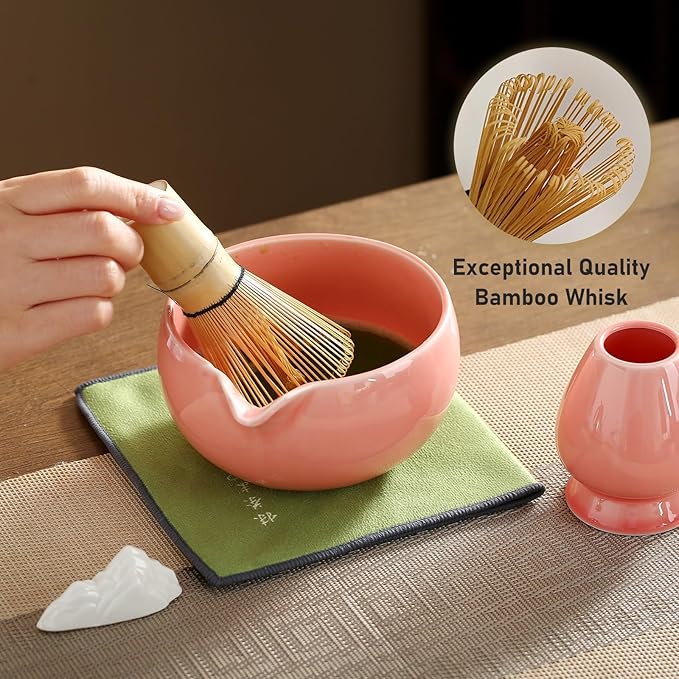 Matcha Whisk Set, Ceramic Matcha Bowl with Spout, Bamboo Whisk, Scoop, Sifter, Holder, Tea Towel, 7-Piece Matcha Kit Set for Making Breakfast/Latte, Round Pink, Large