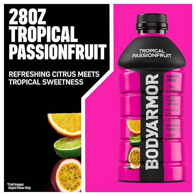 BODYARMOR Sports Drink, Tropical Passionfruit, Electrolyte Drink Hydration, 28 Fl Oz Bottles (15 Pack), Flavored Coconut Water with B Vitamins & Antioxidants
