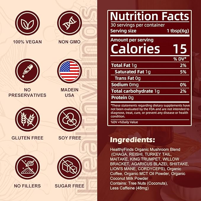 HealthyFinds Organic Mushroom Coffee Instant with 10 Superfood Mushrooms for Better Focus, Energy, Digestion & Immunity (6.35 oz)