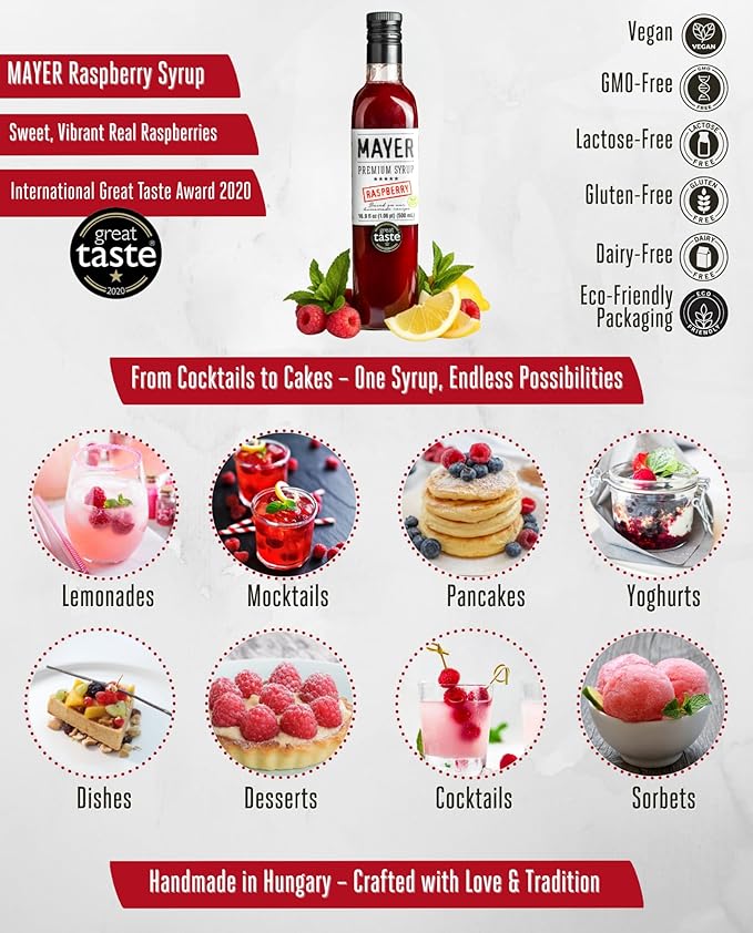Mayer Hungarian Premium Raspberry Artisanal Syrup, Award-Winning, All-Natural, Vegan, Gluten-Free, With 100% Real Fruits, Perfect Coffee Syrup & Cocktail Syrup, No Artificial Additives (1 Pack)