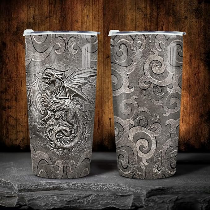 winorax Dragon Tumbler Metal Style Fossil Dragon Lover Viking Celtic Tumblers Stainless Steel 20oz Insulated Travel Coffee Mug Gifts for Men Women Birthday Christmas Presents