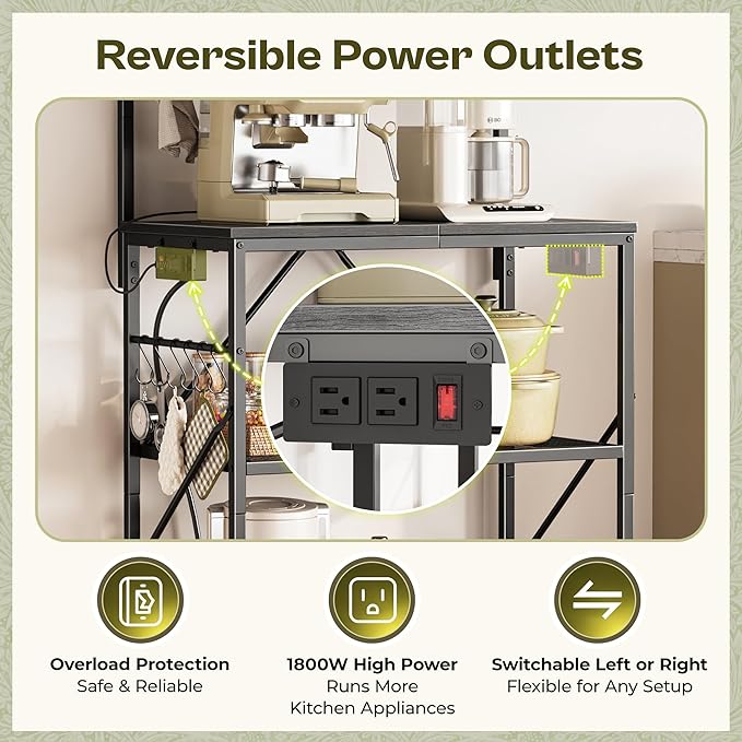 Huuger 4-Tier Bakers Rack with Reversible Power Outlet, 23.6 Inch Microwave Stand, Kitchen Coffee Bar, with Top Shelf, 6 S Hooks, Black