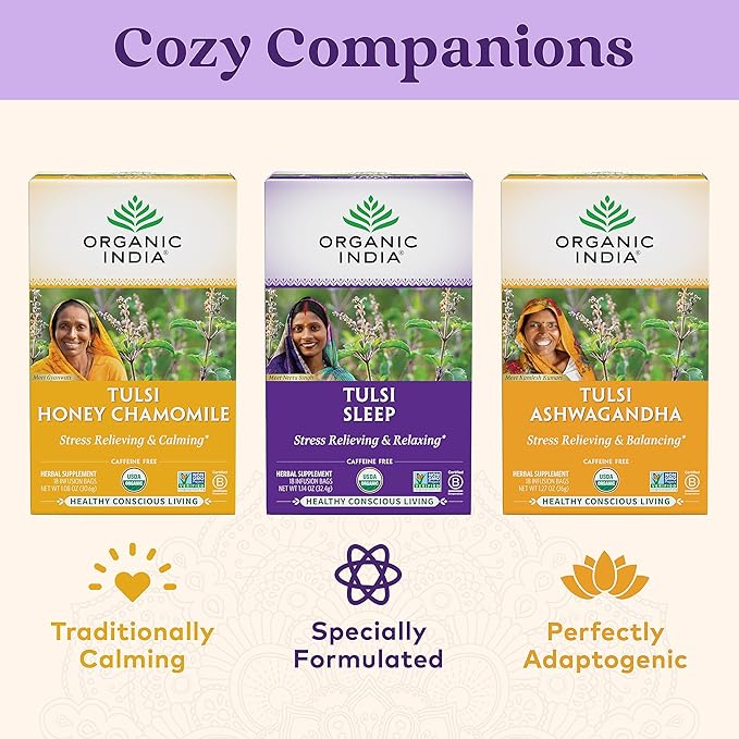 ORGANIC INDIA Tulsi Sleep Herbal Tea - Holy Basil, Ashwagandha, Chamomile, Night Time Tea for Bedtime, Stress Relieving & Relaxing, Immune Support, USDA Certified Organic - 18 Infusion Bags, 6 Pack