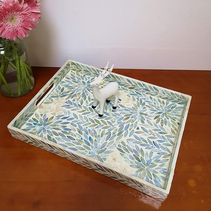 I-LAN Creative Rectangular Mother of Pearl Shell Severing Tray Lacquer Wooden Decorative Tray Handmade Shell Serving Tray with Handles and 2 Inch Wall, 18”Large Green Inlay Nacre Ottoman Tray (45cm)