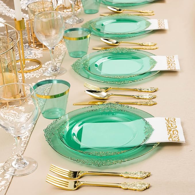 350PCS Clear Green Plastic Plates for 50 Guests, Disposable Plates with Gold Trim include 100 Dinner Plates, 150 Gold Silverware, 50 Cups, 50 Napkins for Party, Wedding and Graduation