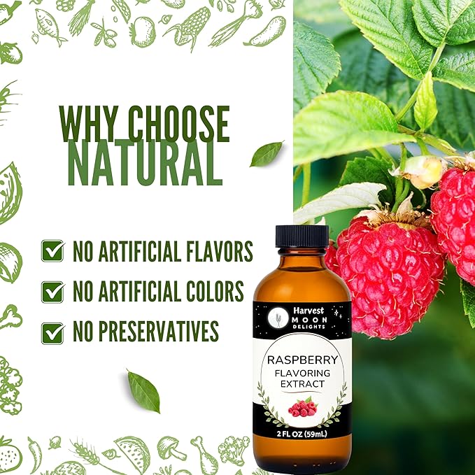 Natural Raspberry Extract - 2 oz - Water-Soluble - By Harvest Moon Delights - Raspberry Extract for Baking, Ice Cream, Drinks, and Candy - Flavoring, Flavor - Sugar-Free