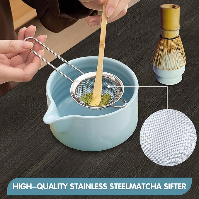 Matcha Whisk Set, Matcha Bowl, Matcha Whisk,Chasen Holder, Sieve, 2 Spoons, 6-Piece Set of Matcha Making Tools for Matcha Lovers and Traditional Tea Art Gift Box(Green)