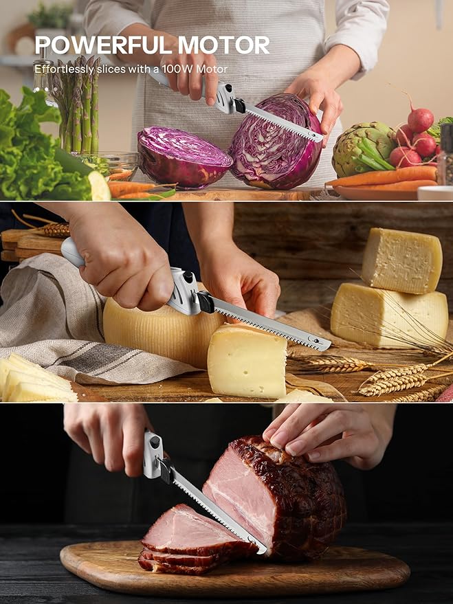 Reemix Electric Knife, Z3042 Electric Knife Set for Carving Meats, Poultry, Bread, Crafting Foam & More, 2 Blades for Meats & Bread, Fork Included (White)