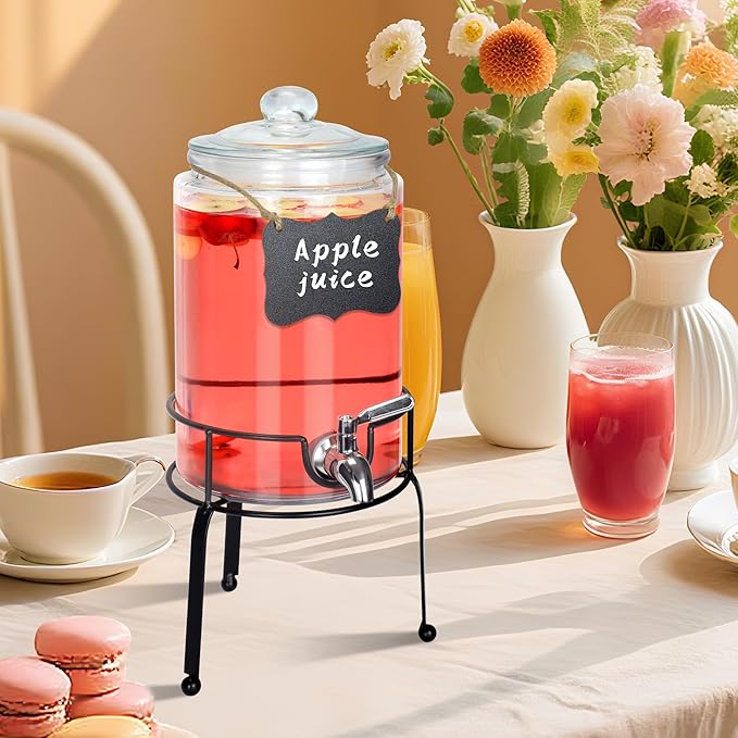 1 Gallon Beverage Dispenser 1 Pack, Stainless Steel Spigot Drink Dispenser for Parties with Stand, Clear Glass Drink Container Easy to Refill and Clean