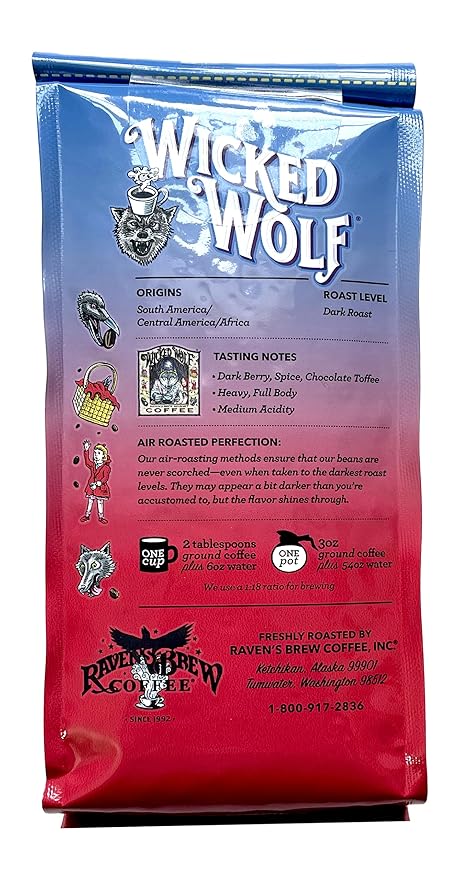 Raven's Brew Wicked Wolf Ground Coffee, 12 ounce - Dark Roast - Full Body of Currant and Spice (2 Pack)