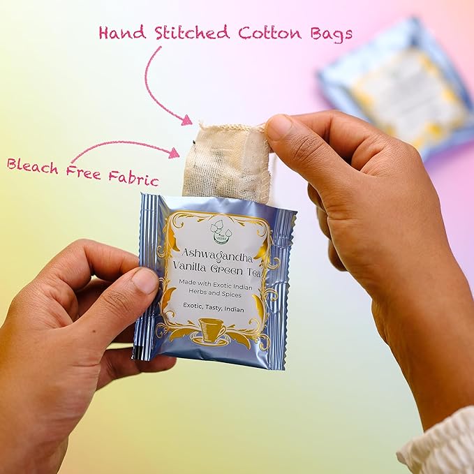 THE VEDAS Ashwagandha Vanilla Green Tea | Green Tea | Biodegradable Cotton Teabags | 40 Tea Bags(Pack of 2)