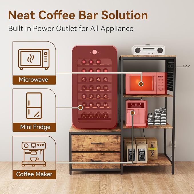 Mini Fridge Stand with Adjustable Shelf, Power Outlet & Storage, Kitchen Organizer for Microwave, Coffee Bar, Dorm, Office (Brown)