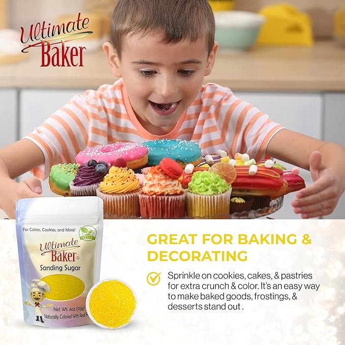 Ultimate Baker - Sanding Sugar, Yellow - Vibrant, Naturally Colored Baking & Decorating Sugar, Perfect for Sprinkling on Cakes, Desserts & Confections, Medium Crystal - 4oz