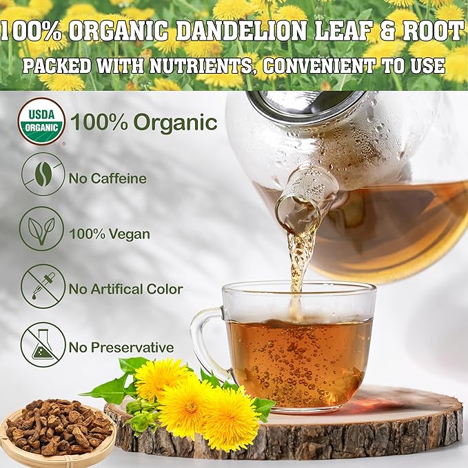 USDA Organic Dandelion Root Tea Bags , Roasted Coffee Substitute & Liver Kidney Cleanse Tea, Digestion & Bloating Relief Support, 100% Organic & Pure Dandelion Root, Non-GMO, Caffeine Free, 50 teabags Eco-Conscious Corn Fiber