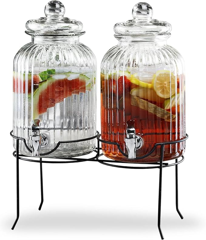 Style Setter Canyon Glass Beverage Dispenser with Stand Set of 2-1.3 Gallon Drink Dispenser with Stand & Spigot - Leak-Proof Lemonade Dispenser - Punch Dispenser for Parties, Weddings, Birthdays
