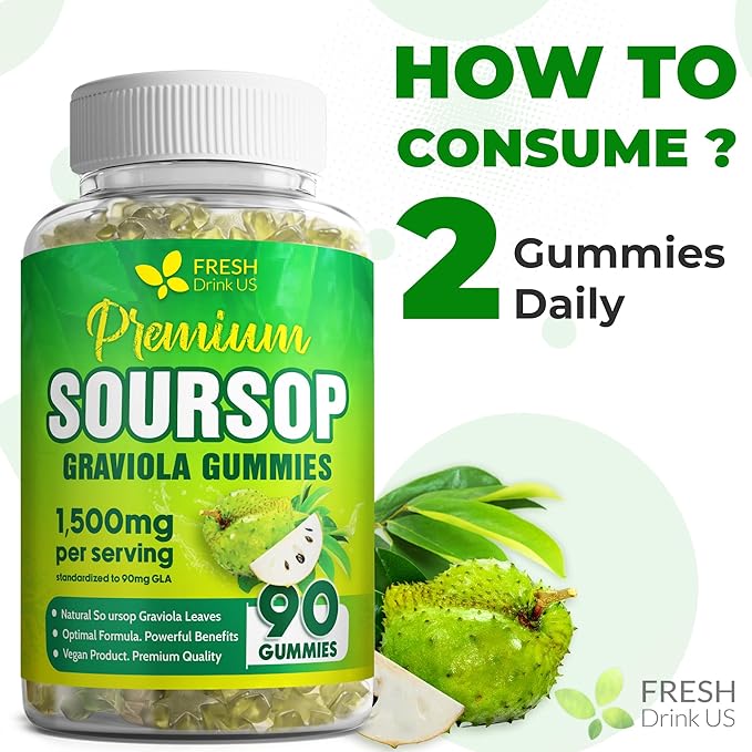 FRESHDRINKUS, 90 Max-Strength Soursop (Graviola) Gummies + Sea Moss & Turmeric — Cell Support • Non-GMO, Vegan, Sugar-Free Formula – Convenient Chewable Herbal Supplement