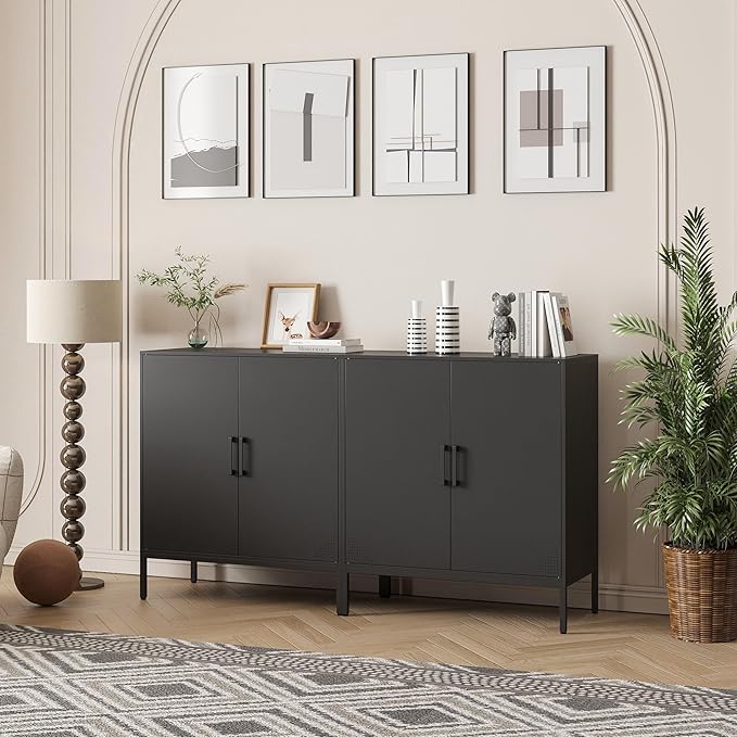 Metal Storage Cabinet with Adjustable Shelves, Steel Buffet Sideboard for Entryway, Living Room, Dining Room, Kitchen, Office, Bar (Black, 31.5" D x 15.75" W x 35.43" H)