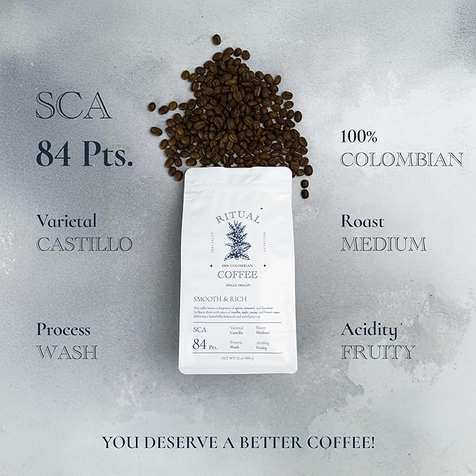 Ritual Specialty Coffee - Colombian Single Origin Whole Bean Gourmet, Smooth & Rich Profile, 84+ SCA Score (Caramel, Vanilla & Cocoa), Medium Roast - 12oz (340g) 100% Castillo Variety
