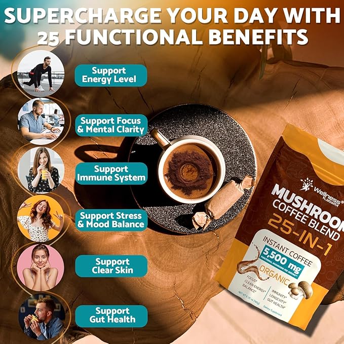 Mushroom Coffee Organic Instant Coffee, 25-in-1, Third-Party Tested Keto Friendly Lions Mane Supplement with Functional Mushrooms – Shiitake, Reishi, Lion’s Mane & More | Smooth, Rich Flavor - 90 Servings (Pack of 2)