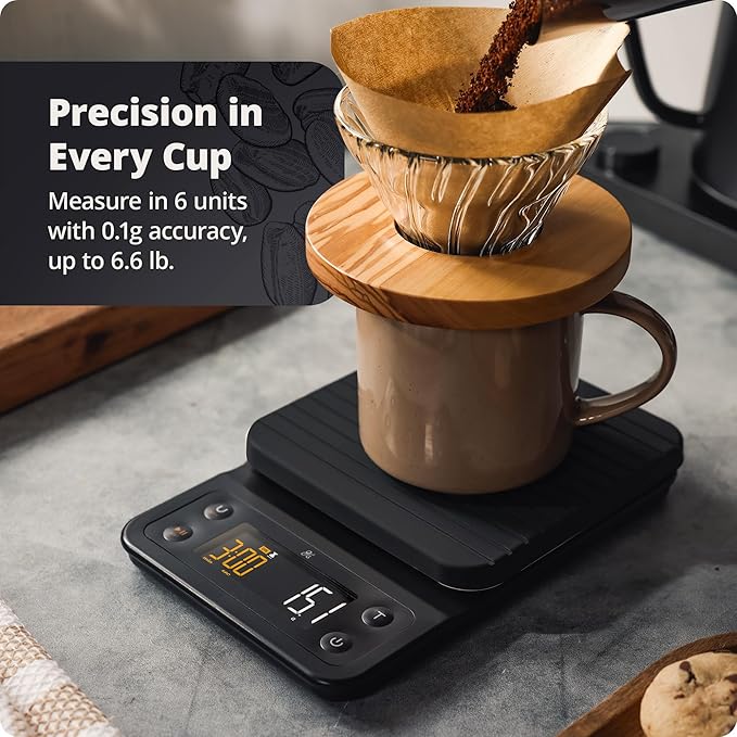 Greater Goods Digital Coffee Scale with Timer – Accurate 0.1g Precision, Multi-Color Display, Waterproof & Heat-Resistant Cover, for Pour-Over, Espresso, French Press, and Kitchen Use (Onyx Black)