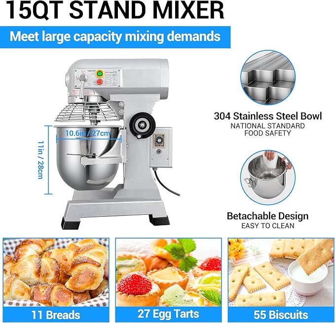 15Qt 600W Commercial Food Mixer, Commercial mixer 3 Speed Adjustable, Heavy Duty Stand Mixer with Stainless Steel Bowl for Bakery Pizzeria.