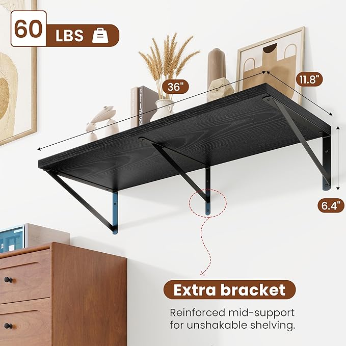 Deep Wall Shelves 36"W x 12"D Engineered Wood Floating Shelves for Wall, Sturdy Metal Bracket Bookshelves Home Decor Storage for Living Room Bedroom Bathroom Kitchen, Set of 2, Black Finish