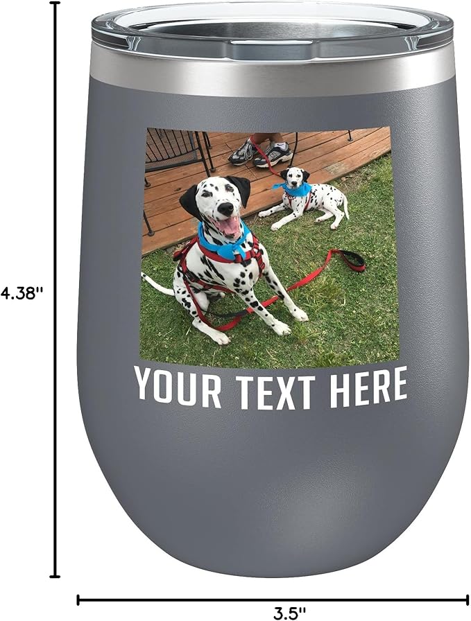 Personalized 12oz (17 Colors) Mother's Day Photo Picture Printed Insulated Stainless Steel Powder Coated Stemless Wine Tumbler with Lid, Customized Gift Idea for Her, Coach Gifts Team Mom Dad (Gray)