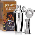 5 pc. Cocktail Shaker Bar Set by Tom Bullock's, The Original Tastemaker: 25 oz Stainless Steel Shaker, Double Measuring Jigger, Stirrer/Mixer Spoon, Strainer and Ice Tongs. Become The Ideal Bartender!