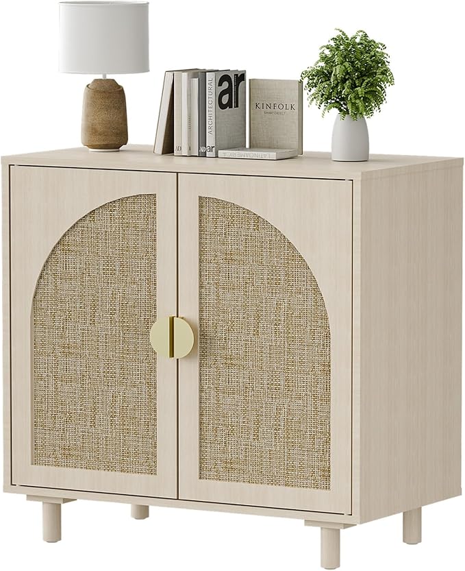 Rattan Sideboard Cabinet with Doors and Adjustable Shelves, Boho Entryway Cabinet, Wood Storage Cabinet for Living Room, Kitchen, Entryway (Beige)