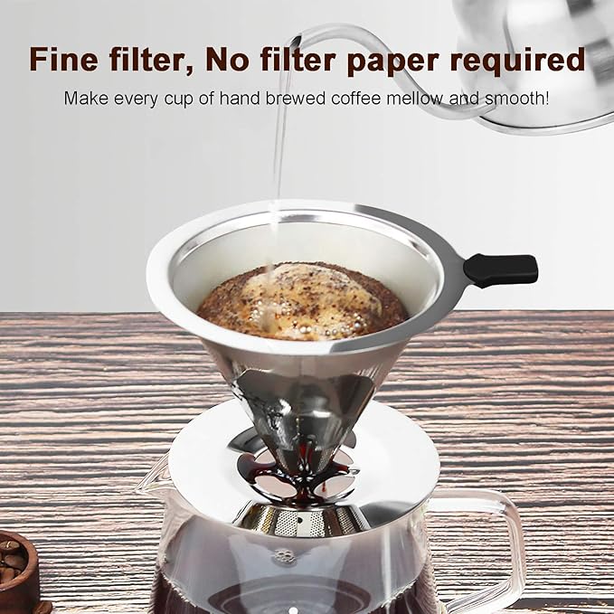 Pour Over Coffee Dripper Filter, 1-4 Cups Double Mesh Paperless Manual Reusable Permanent Coffee Cone Stainless Steel
