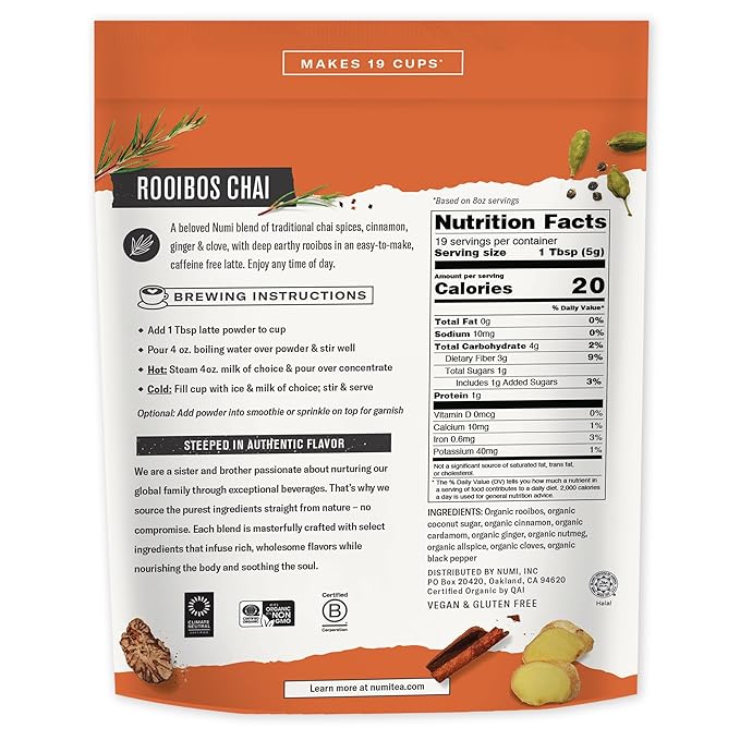 Numi Organic Rooibos Chai Tea Latte Powder – Rooibos Chai Latte Mix with Cinnamon, Cardamom & Cloves – Caffeine Free, Vegan & Gluten Free, 3.5 oz (Makes 19 Cups)