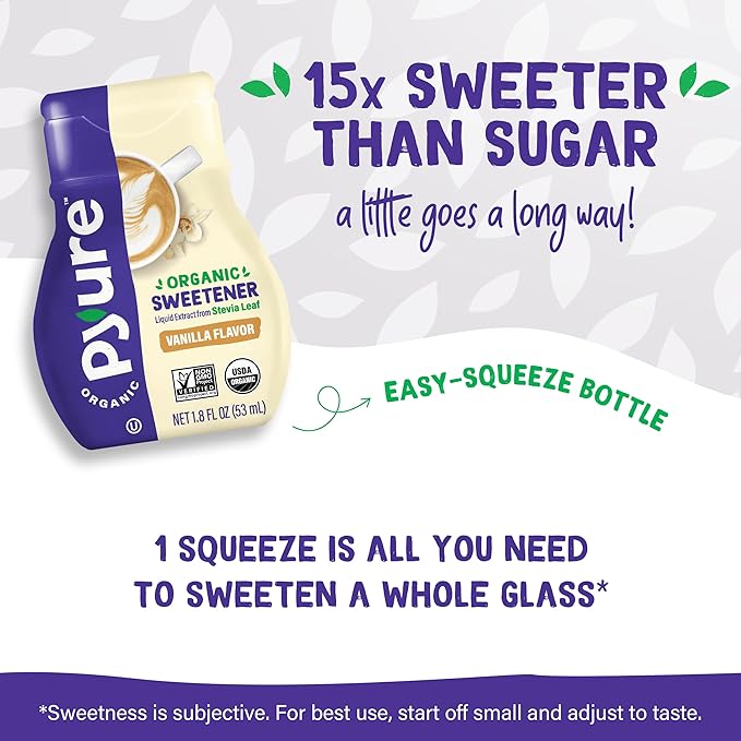 Pyure Organic Vanilla Stevia Liquid Sweetener | Sugar-Free Stevia Drops | Keto Sugar Substitute | Zero Calorie, Zero Carb, Zero Sugar | Liquid Sweetener for Coffee, Tea, Baking | 1.8 fl oz Bottle