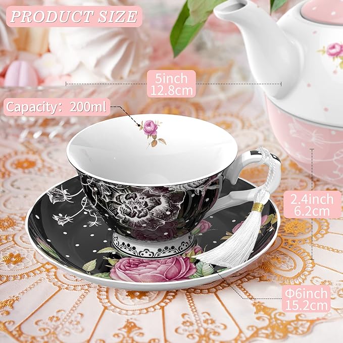 London Boutique Tea Cup and Saucer Set 1 Afternoon Tea Set New Bone China Vintage Flora Gift Box 200m (Black)