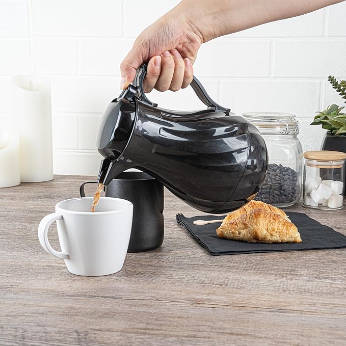 Restaurantware-Restpresso 20 Ounce Coffee Carafe, 1 Insulated Coffee Server - Push-Button Top, Swirl Design, Black Plastic Pitcher, Built-In Handle, With Identification Tags
